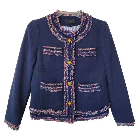 J Crew Lady Jacket Blazer Liberty Floral Trim Tweed Preppy Navy Blue Womens 2 - Picture 1 of 16